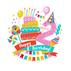 Congratulations on your birthday. Invitation to a festive party. 2 years from the date of birth.  Bright colorful clipart. Vector illustration.