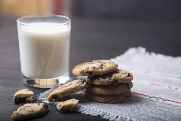 ?ookies  with chocolate pieces and glass of milk