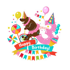 Obraz na płótnie Canvas Congratulations on your birthday. Invitation to a festive party. 3 years from the date of birth. Bright colorful clipart. Vector illustration.