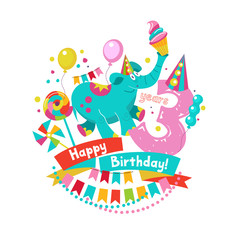 Congratulations on your birthday. Invitation to a festive party. 3 years from the date of birth.  Bright colorful clipart. Vector illustration.