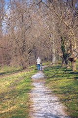 pensioner grey haired man walking, senior relaxing in the nature with bicycle