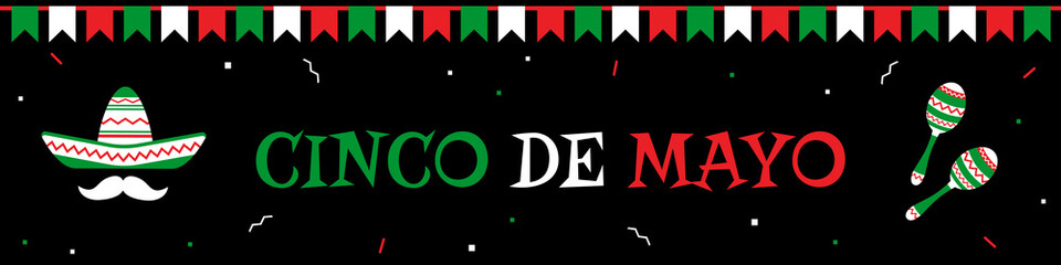 Traditional festival cinco de mayo web design banner template. Sombrero and mustache, maracas and big title with bunting flags. National colors vector illustration for party design on cinco de mayo.
