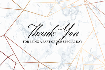 Thank you geometric design card template. White marble background and rose gold geometric pattern. Dimensions 6x4 inch. Seamless pattern included. Eps10.