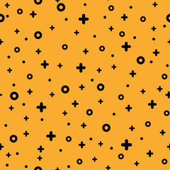 Stylish 1980s abstract memphis seamless pattern. Trendy texture with black funky shapes on orange background. Vector illustration in memphis pop art style for modern graphic or invitation templates
