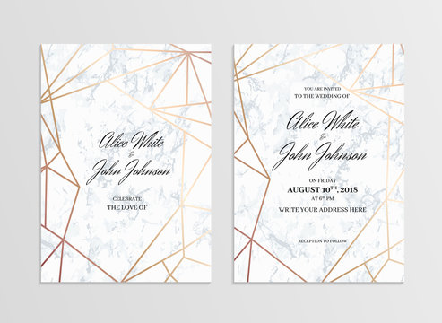 Invitation card template of geometric design. Two side. Invitation to a wedding party. White marble background and rose-gold geometric pattern. Dimensions 5x7 inch. Seamless pattern included. Eps10.