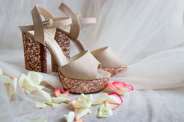 shiny gold shoes on a  tulle in rose petals