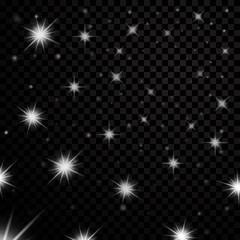 Silver light stars on black transparent background. Abstract bokeh glowing design. Shine bright elements. White shiny fantasy glow in dark. Vector illustration