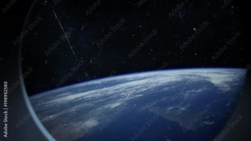 Wall mural earth is seen through scratched window of a spaceship. vintage 8mm grain added to footage
