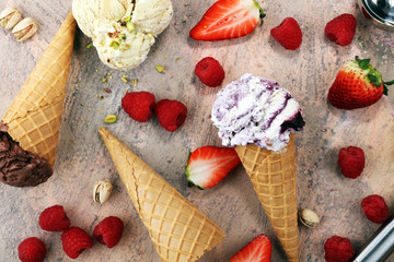 Set of ice cream scoops of different colors and flavours