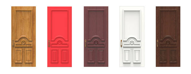 Set of various wooden doors. 3d illustration isolated on white background