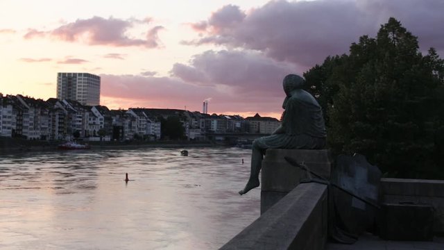 Sunset above the Rhine river in Basel Switzerland