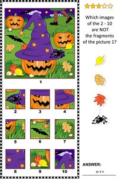 Halloween themed visual puzzle with witch hat, pumpkins and night scene: What of the 2 - 10 are not the fragments of the picture 1? Answer included.
