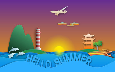 Hello summer travel illustration in paper cut style. Sunset, yacht, pagoda, lighthouse, islands, dolphins and aircraft.