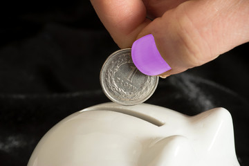 Eine Frau schmeißt 2 Polnische Zloty PLN Münze in ein Sparschwein