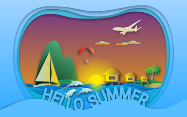 Hello summer vector illustration in paper cut style. Sunset, sea resort with bungalows, sailing yacht, paraglider, islands, dolphins and aircraft. Travel card design.