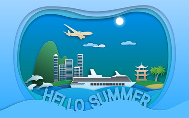 Hello summer vector illustration in paper cut style. Sea resort town, cruise ship, pagoda, islands, dolphins and aircraft. Travel card design.