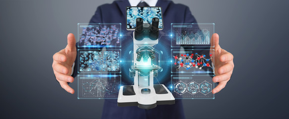 Businessman using modern microscope with digital analysis 3D rendering