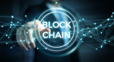 Businessman using blockchain cryptocurrency interface 3D rendering
