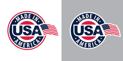 Made in USA (United States of America). Composition with American flag for badge, label, pin, etc. Variants for light and dark backgrounds.