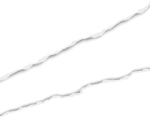 Ripped long hole in sheet of white paper with white resulting background. Vector template paper design.