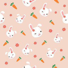 Obraz premium Seamless Bunny pattern with pink flowers, cute rabbit and carrot on cyab background. Vector illustration.