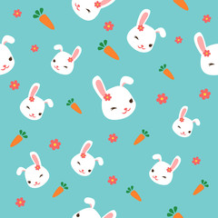 Seamless Bunny pattern with pink flowers, cute rabbit and carrot on cyab background. Vector illustration.