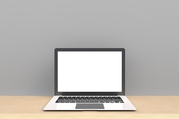 Computer Network Connection Digital Technology, Laptop computer white blank screen on wood work table front view, Isolated on gray background, 3D rendering © krung99