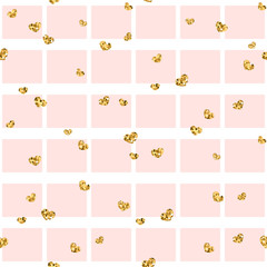 Gold heart seamless pattern. Pink-white geometric square, golden confetti-hearts. Symbol of love, Valentine day holiday. Design wallpaper, background, fabric texture. Vector illustration