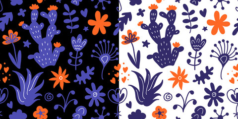 Floral seamless pattern with colorful hand drawn wild cactus flowers