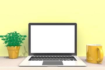 Fototapeta premium Computer Network Connection Digital Technology, Coffee cup with laptop computer white blank screen on wood work table front view, Isolated on yellow background, 3D rendering