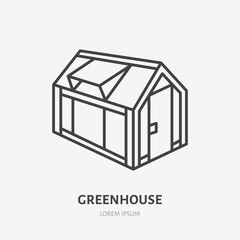 Greenhouse flat line icon. Garden cold frame sign. Thin linear logo for farm, vegetables growing.