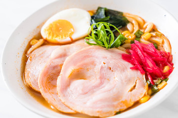 spicy miso udon ramen noodle with pork