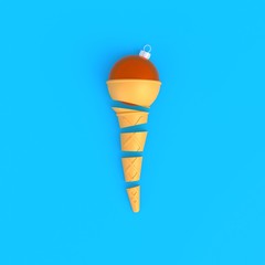 Christmas ball in ice cream cone abstract minimal blue background, Christmas concept, 3d rendering