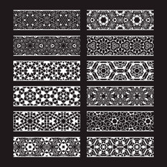 Patterned elements for vector brushes creating. Borders templates kit for frames design and page decorations.