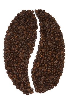 Big coffee bean symbol made of coffee beans on white isolated background.
