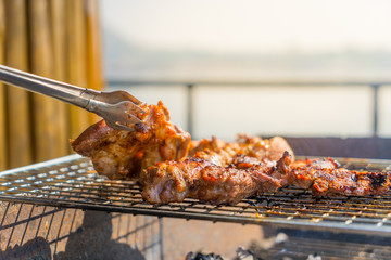 Pork steak roasted on the stove