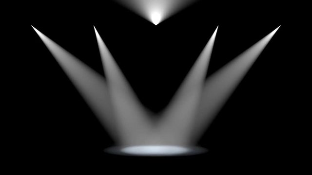 Five white spotlights angled to converge shining down in the centre of an empty stage at night with a smoky atmosphere conceptual of a show, performance, theatre, concert or event as 3D rendering