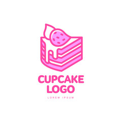 Cupcake biscuit sweet dessert food with strawberry bright line logo icon. Adhesive sticker, label, tag cream pastry decoration celebration party design, bakery store. Vector isolated illustration.