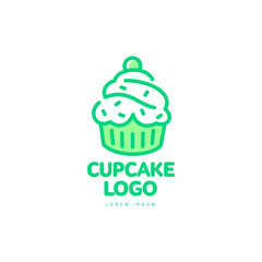Cupcake sweet dessert food bright line logo icon. Adhesive sticker, label, tag cream pastry decoration element for celebration party design, bakery store. Vector flat style isolated illustration.