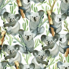 Seamless pattern of watercolor koala is holding the bamboo branch - 198961558