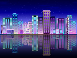 Night city in lights skyline with multistorey buildings standing on river bank and reflection in water. Beautiful luminous town landscape in evening time. Flat vector illustration.