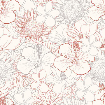 Tropical flowers seamless pattern with white hand drawn exotic blooms of hibiscus, protea, magnolia and plumeria and palm leaves with colorful line contour. Floral vector illustration in sketch style.