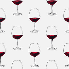 Hand-drawn sketch of wine glass. Seamless glassware background. Glassware pattern.