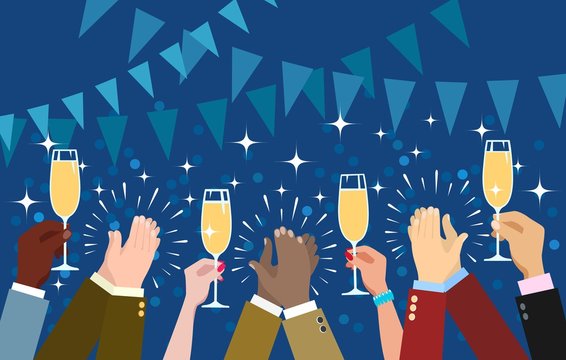 Cheering hands. Clapping and champagne toasting congratulations hands vector illustration
