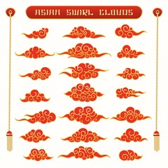 Japanese clouds. Vector cartoon japan cloud set, chinese cloudy graphic elements isolated on white background