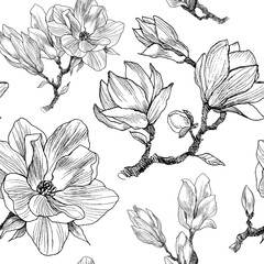 Fototapeta premium Ink, pencil, the leaves and flowers of Magnolia. Seamless pattern background. Hand drawn nature painting. Freehand sketching illustration