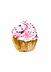 Watercolor cupcake with cream. Raster illustration. Illustration for cooking site, menus, books.