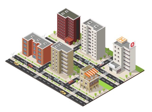 Isometric city town building cartoon facade vector illustration and street.