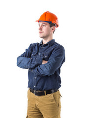 Portrait of  repairman (builder) in helmet  isolated on white background