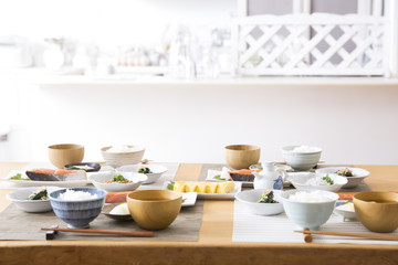 Fototapeta na wymiar Japanese breakfast prepared in the kitchen